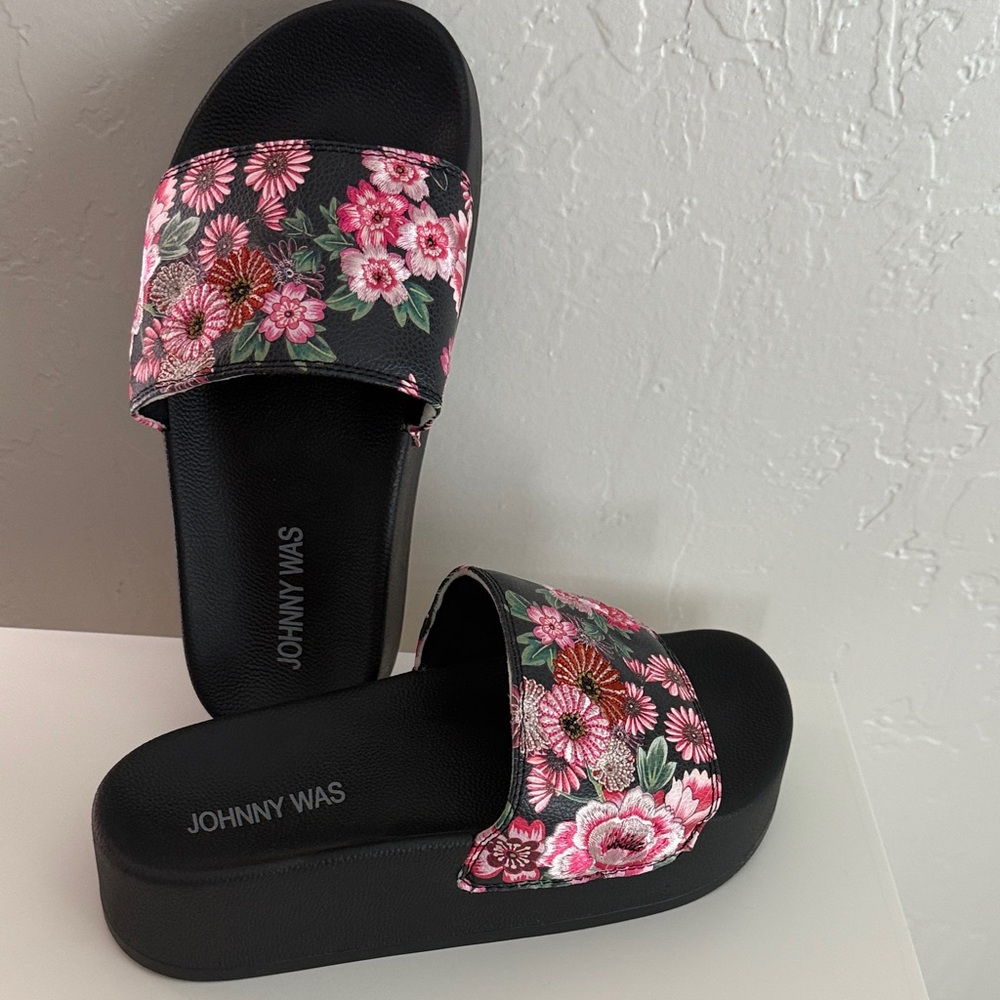 Johnny Was Black and Pink Floral Sandals